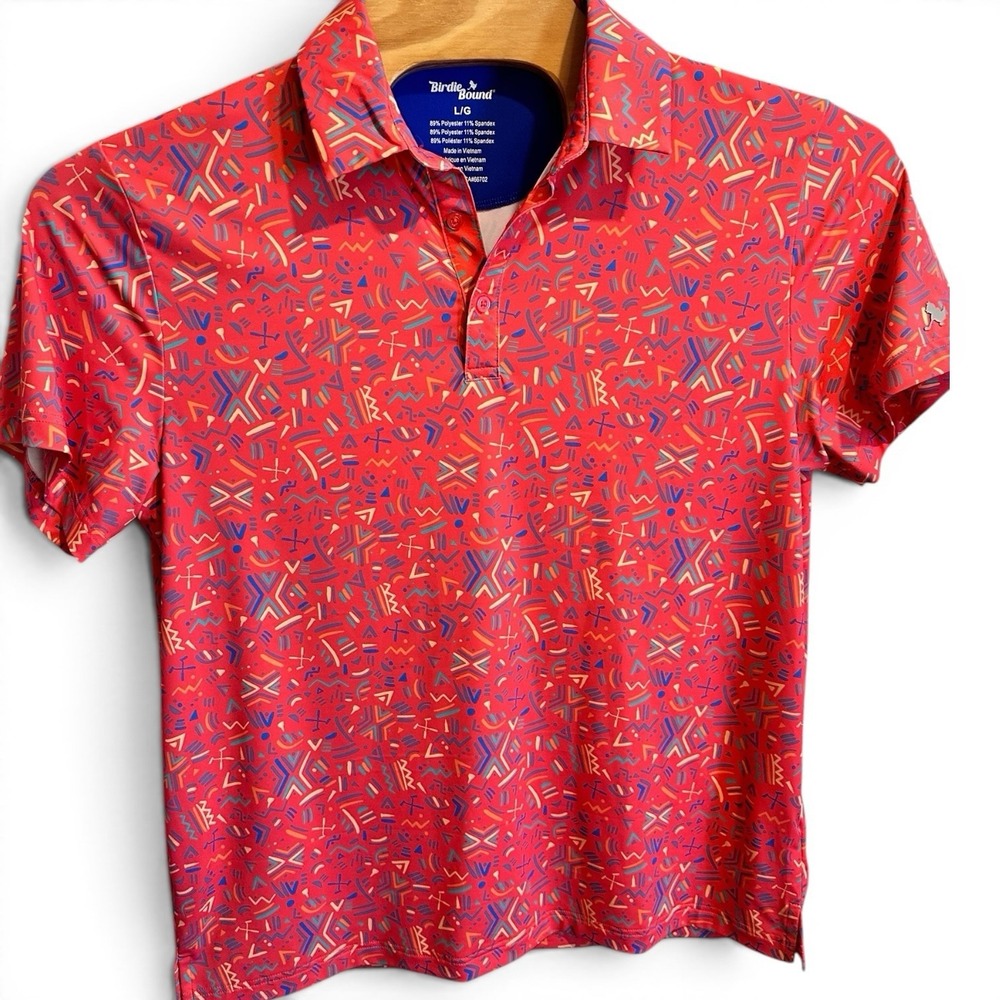 BIRDIE BOUND! Golf Shirt Mens Large 90's Pattern Performance Stretch